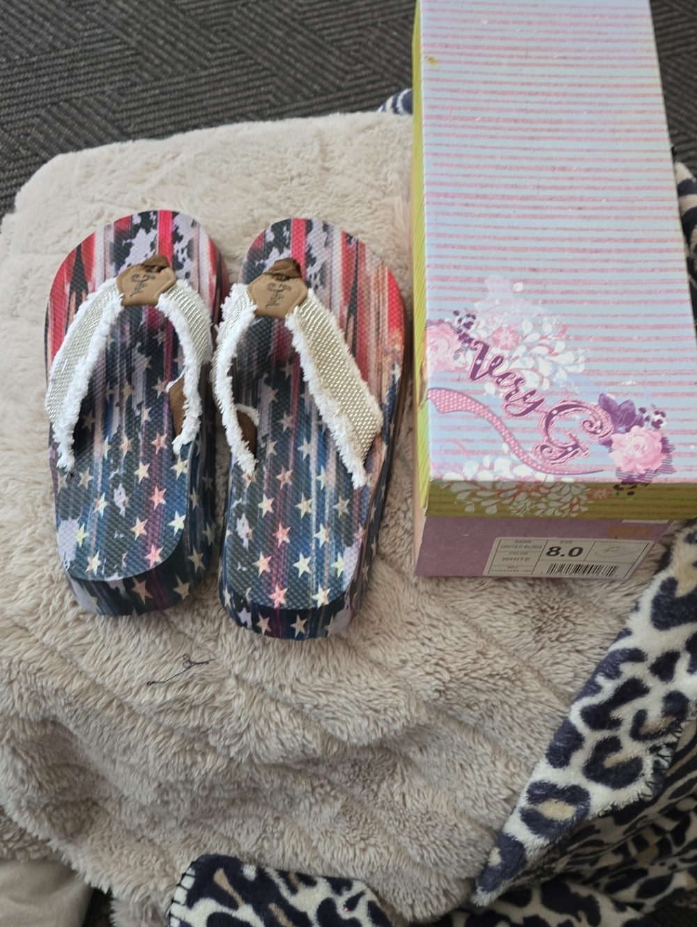 Very G Star Print Platform Flip Flops with White Rhinestone Straps